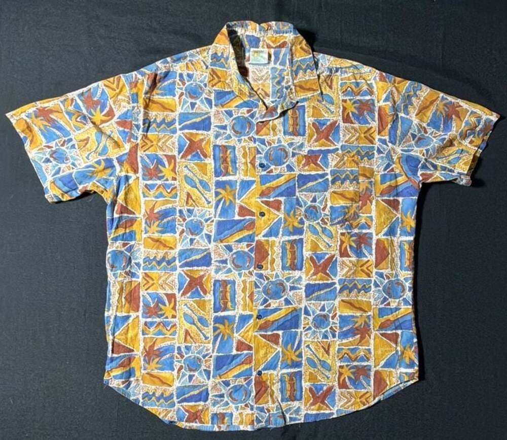 Vintage Tropical Art Abstract Geometric Sun and Palm Tree Hawaiian Shirt
